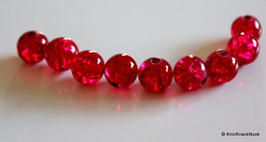 12mm Deep Pink Crackle Glass Beads x 10